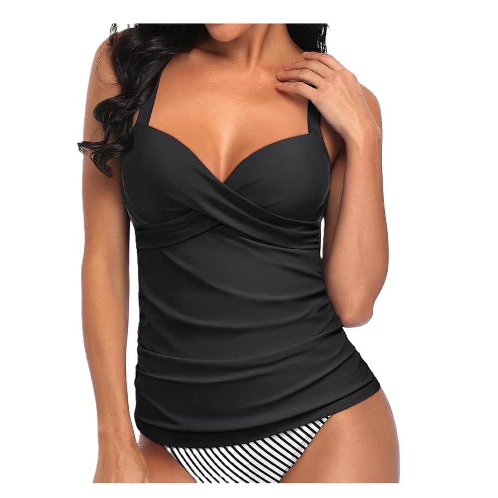 Tummy Control Ruched Side Push-Up Black Tankini Top Black M